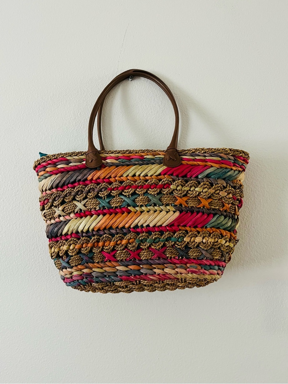 Cappelli Straworld Multicolor Woven Straw Tote with Brown Handles